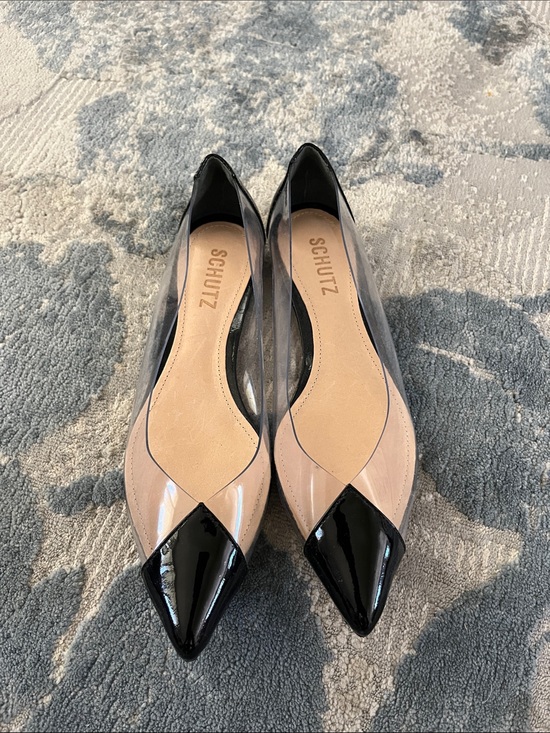 SCHUTZ Shoes - SCHUTZ Two-Tone Clear Panel Pointed-Toe Flats in Nude and Black